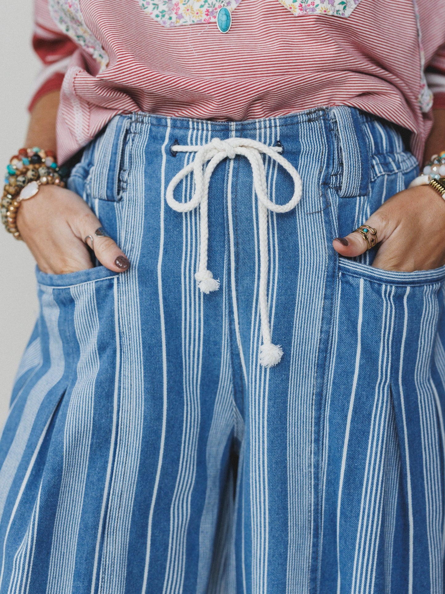 Right Step Striped Pants - Light Denim