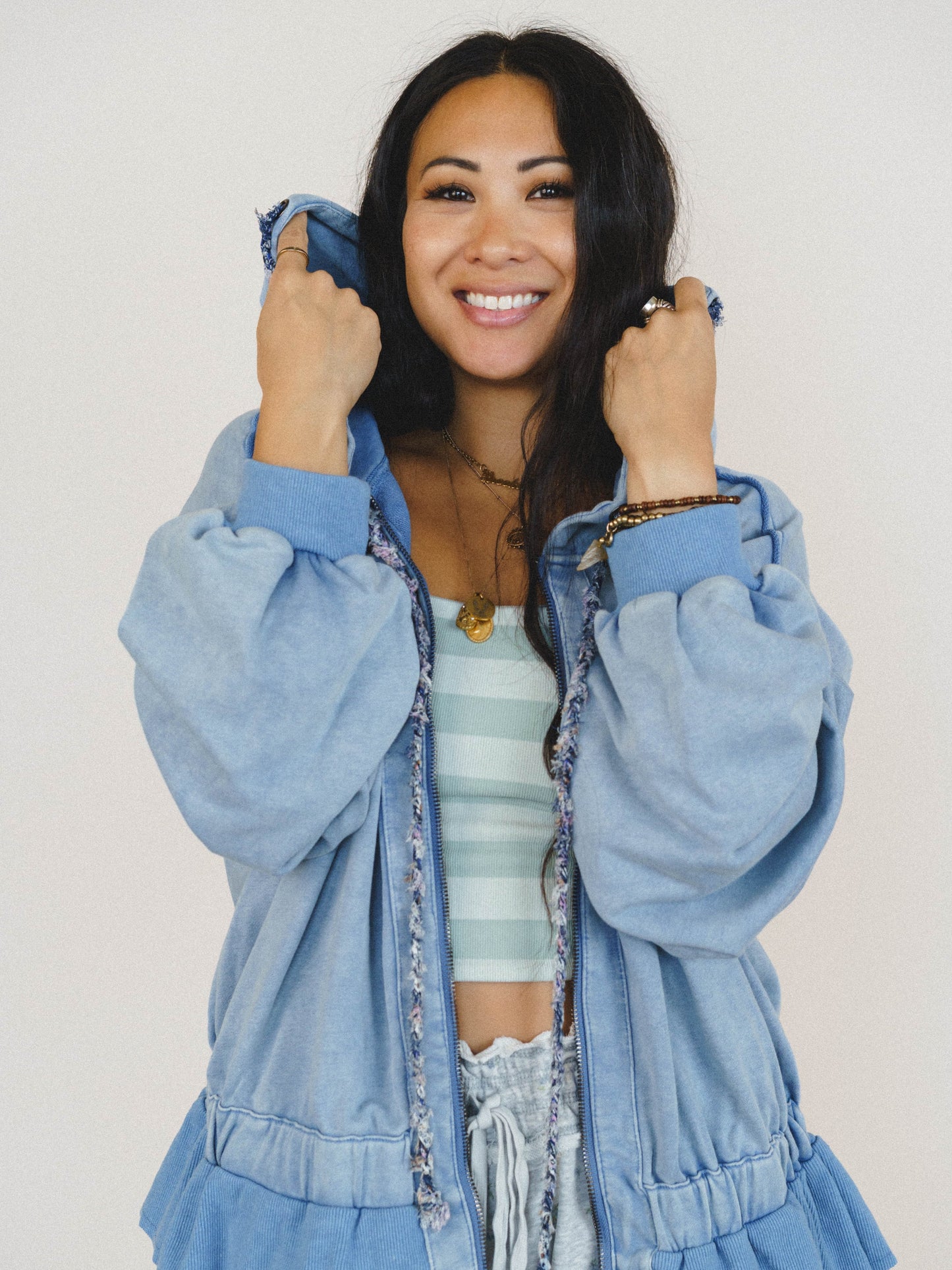 Wistful In Ruffles Zip Up Hooded Jacket - Blue