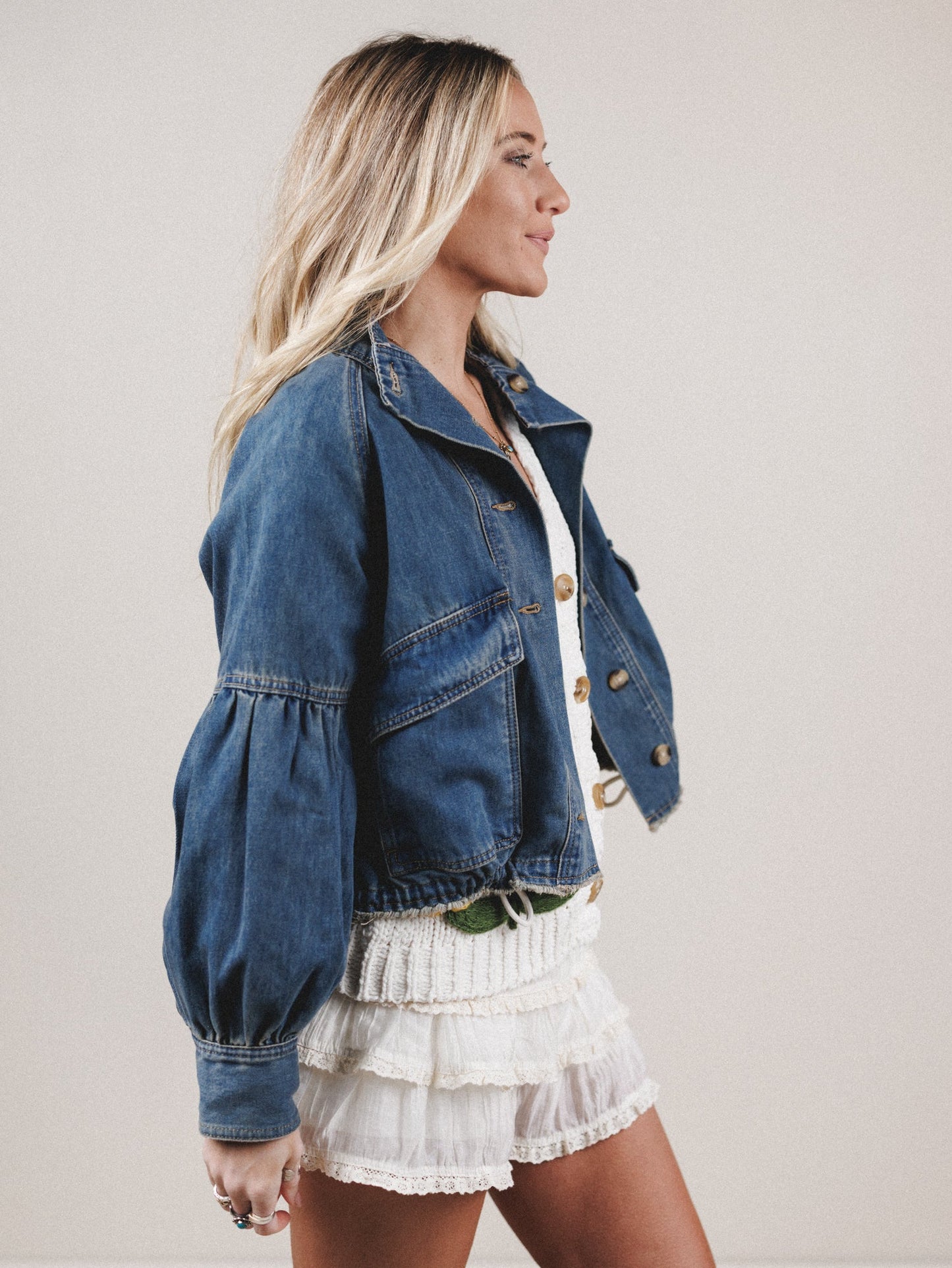 Balloon Sleeve Button Down Jacket - Denim