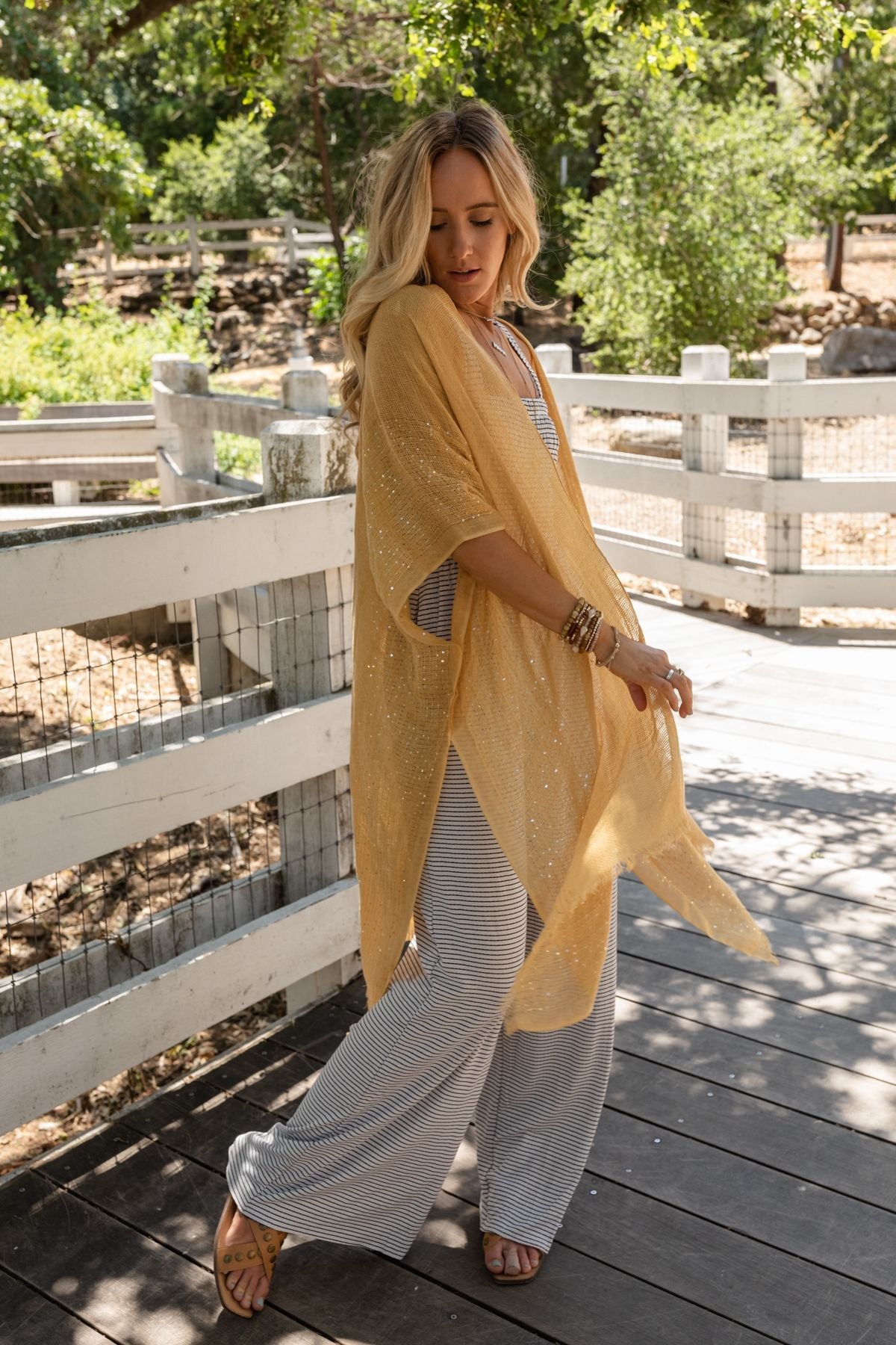 Mikka Sequin Frayed Trim Kimono - Mustard