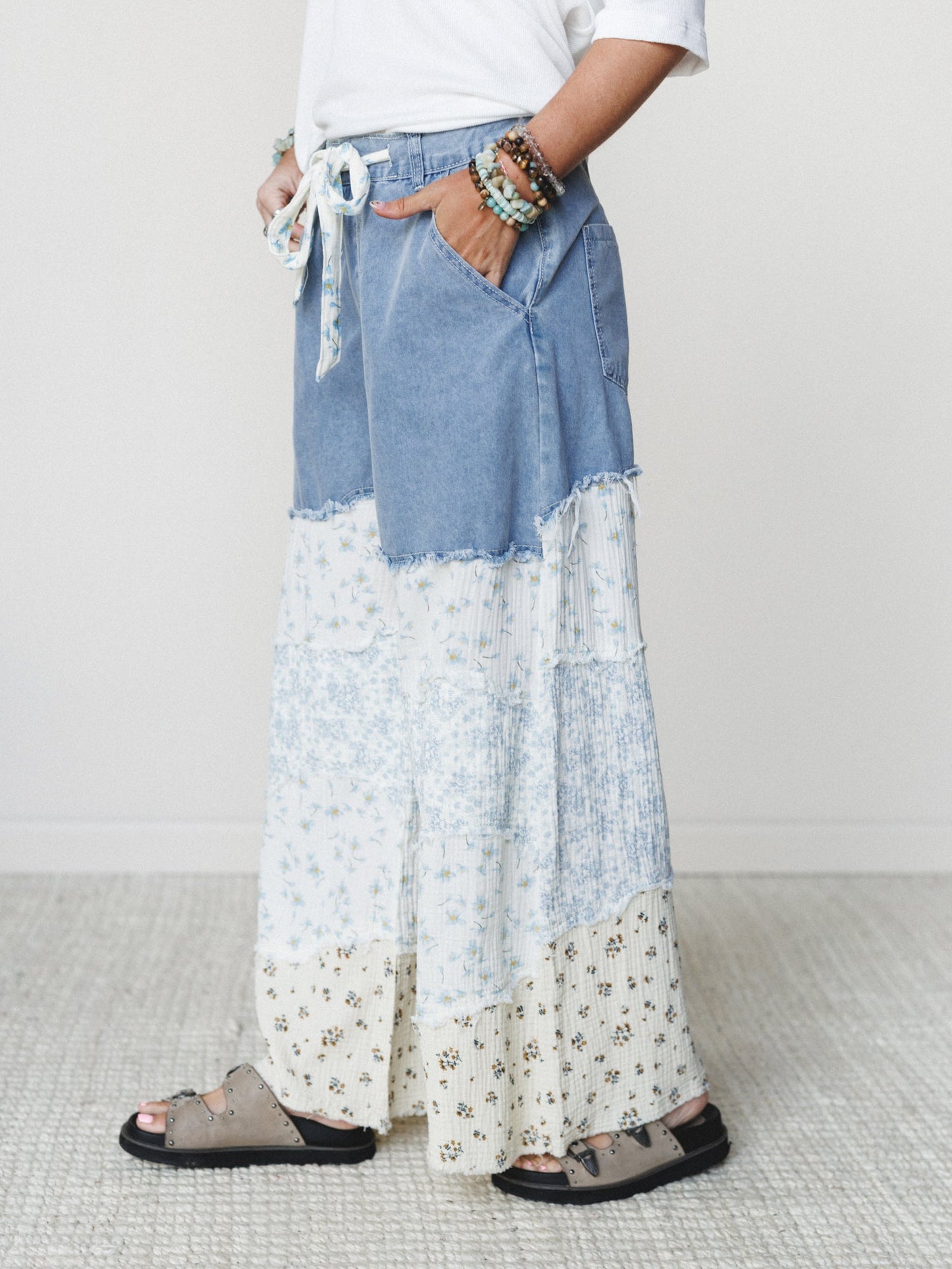 Camo Meets Plaid Wide Leg Pants - Light Denim Multi