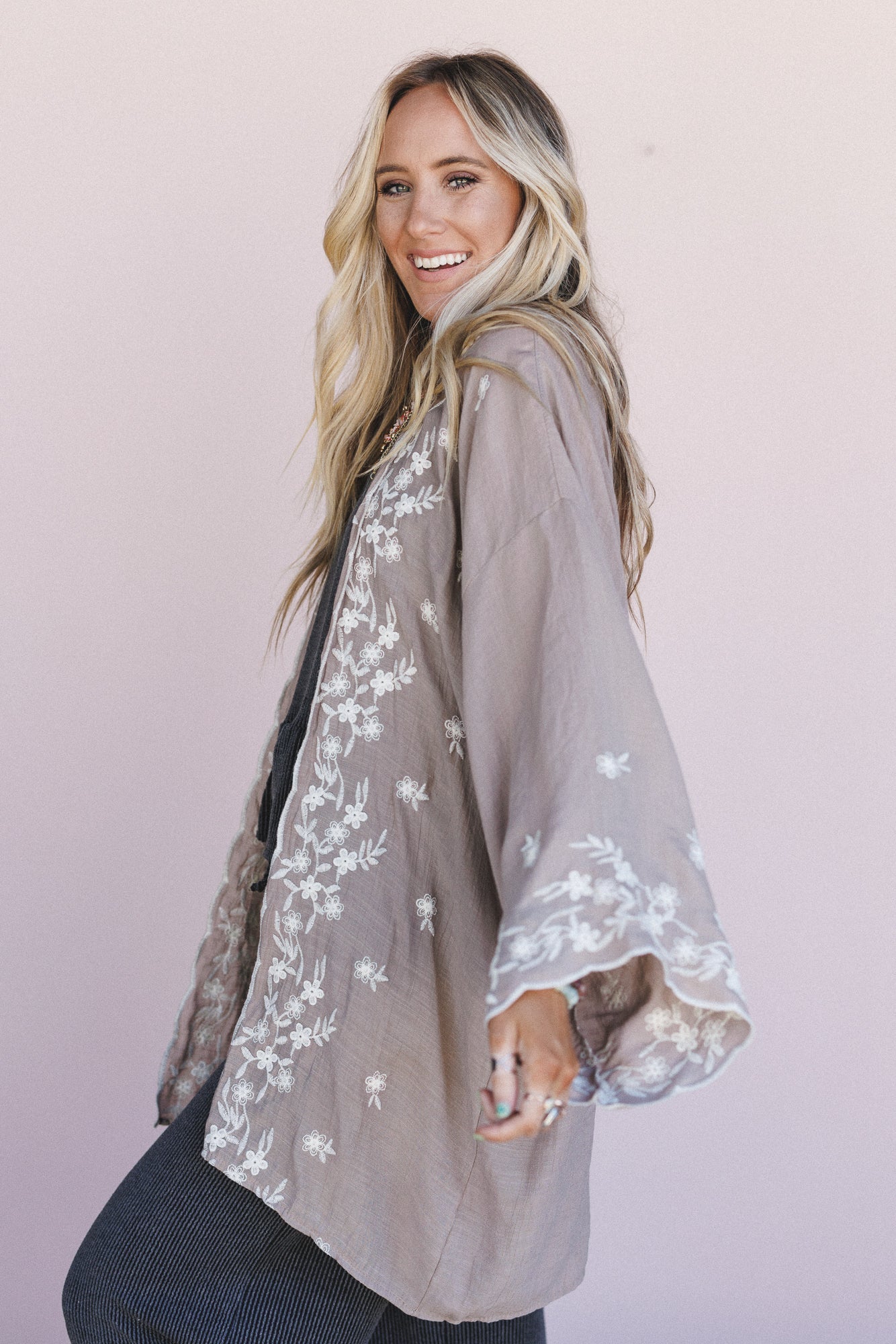 Flower Crowns Embroidered Kimono - Mocha