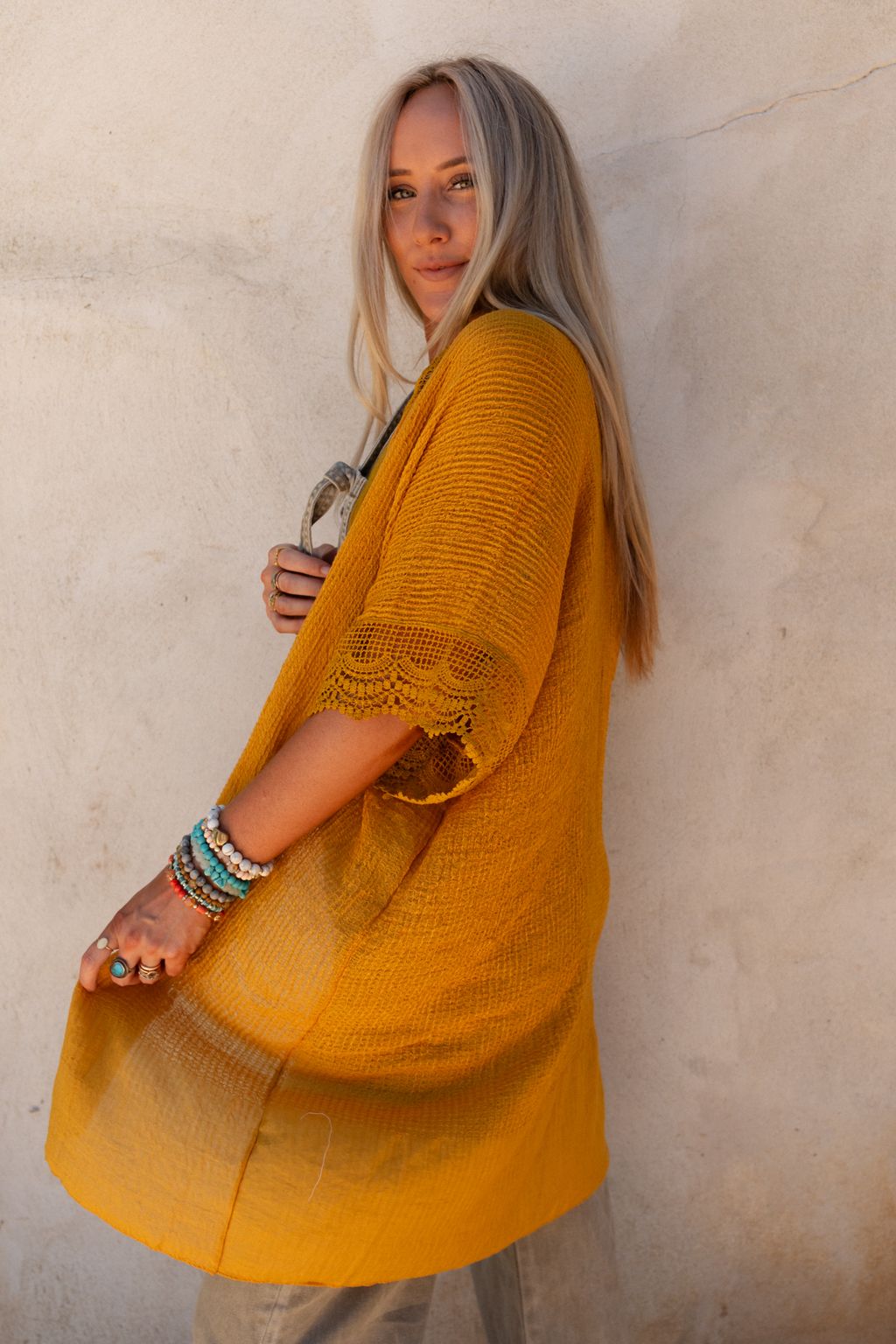 Marie Lace Trim Kimono - Mustard