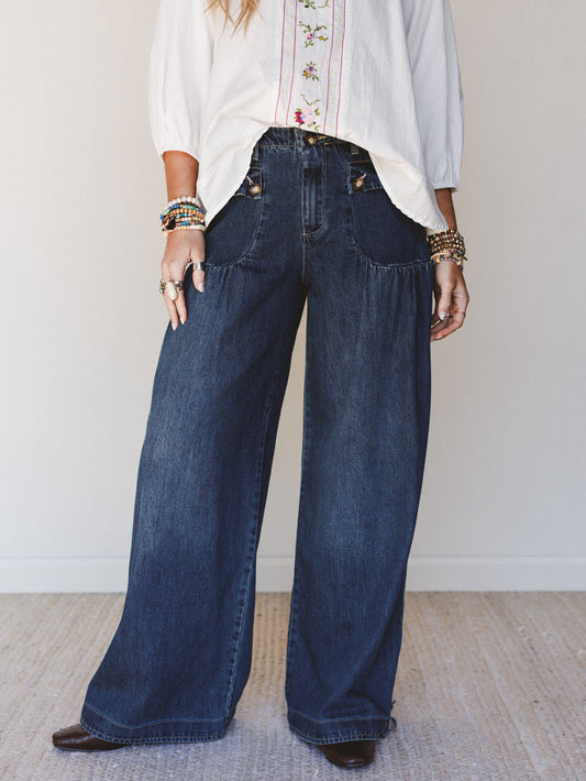 Let's Jet Set Wide Leg Jeans - Dark Denim