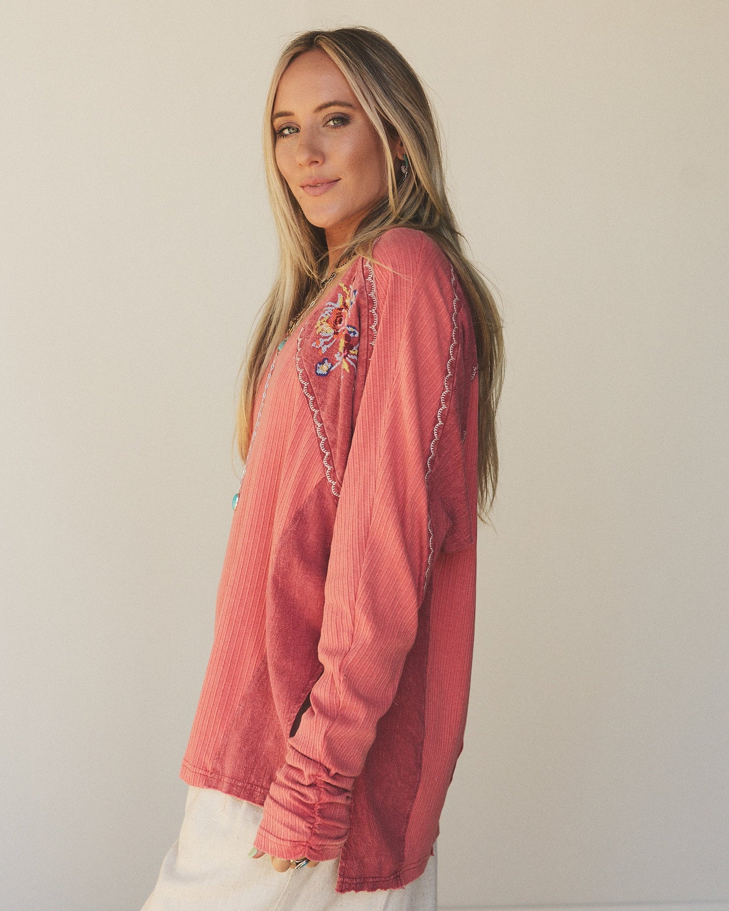 Rosebud Long Sleeve Embroidered Top - Rustic Red