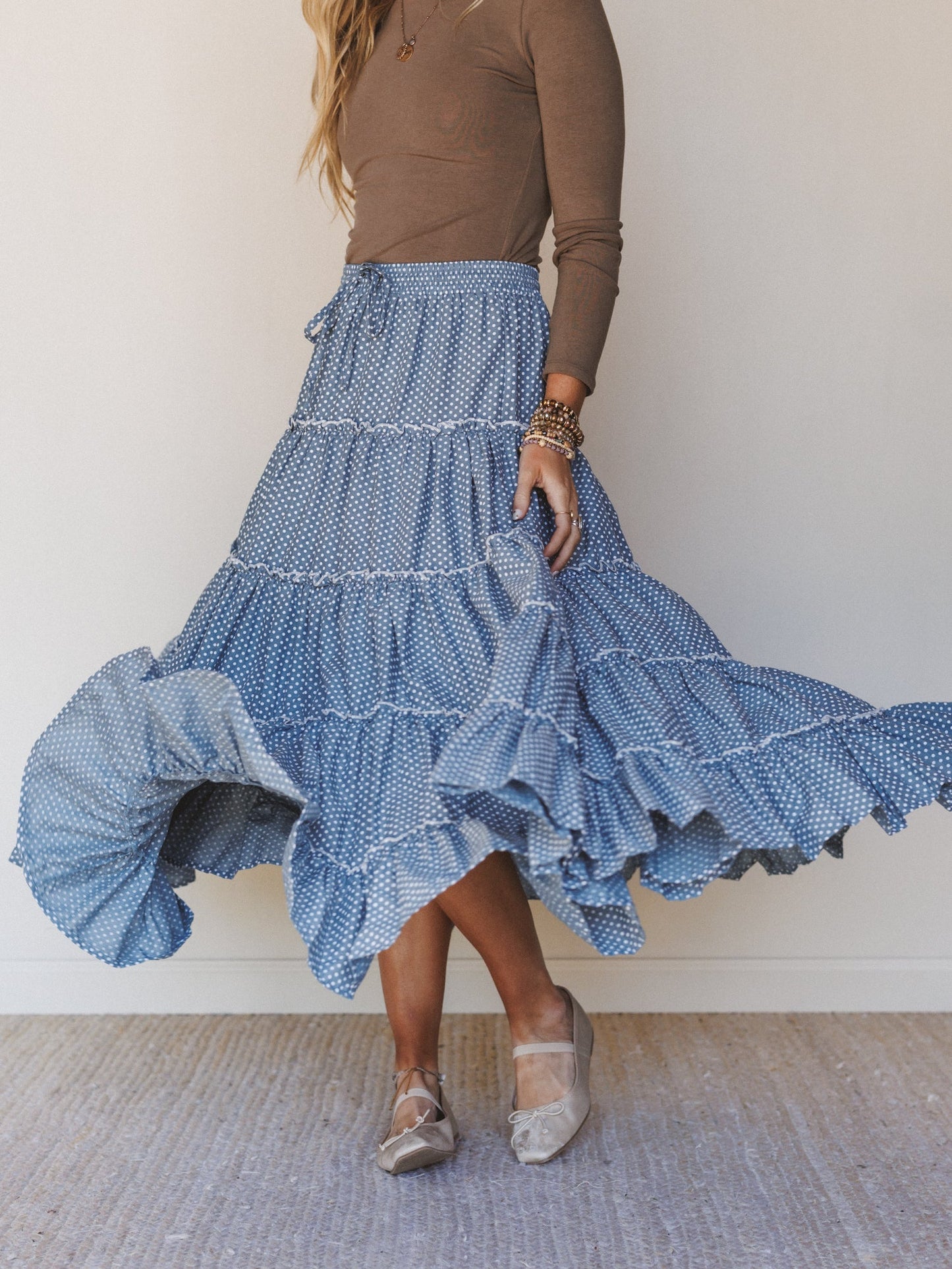 Polka Dot Darling Maxi Skirt - Denim