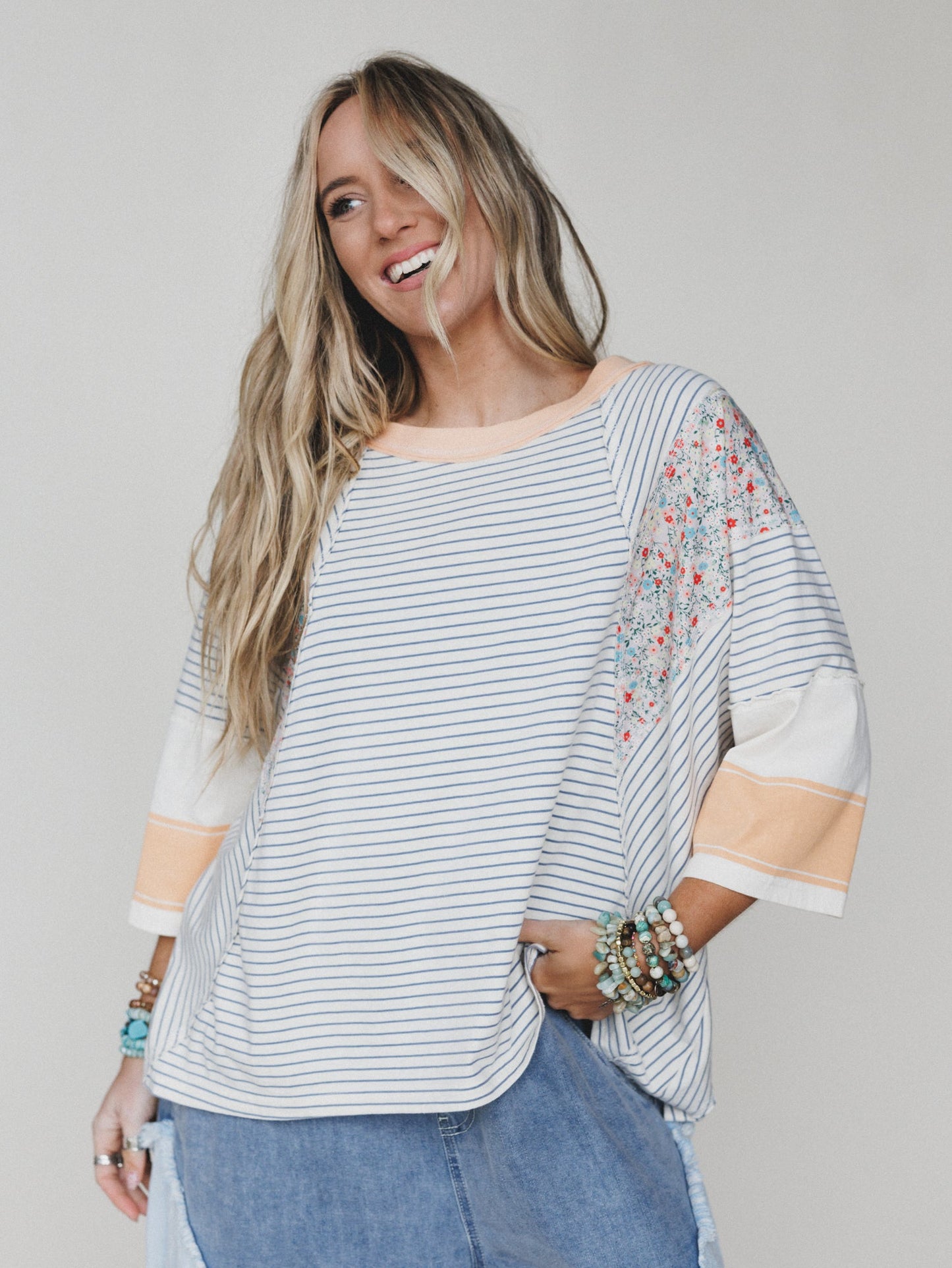 Britt Patchwork Top - Oat Blue