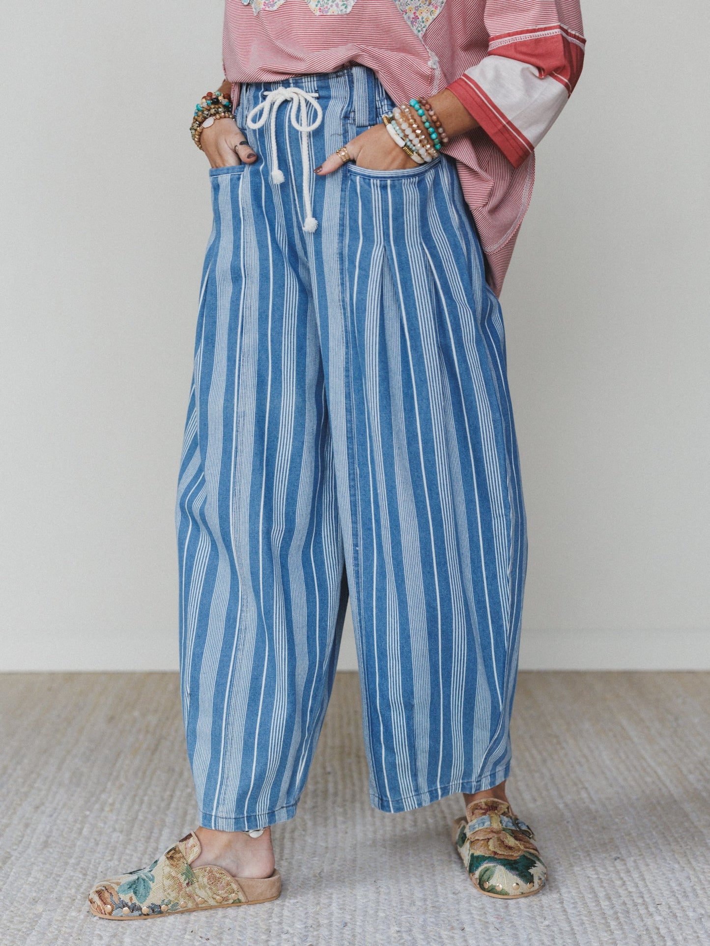 Right Step Striped Pants  - Light Denim