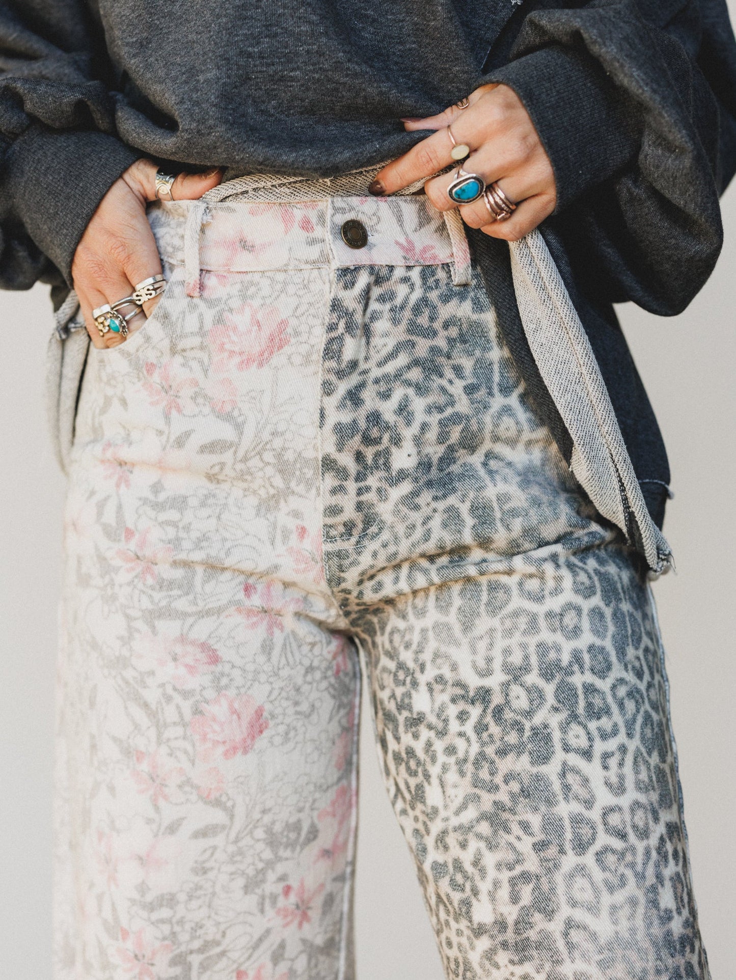 The Nest Ezra Mixed Print Wide Leg Jeans - Beige Multi