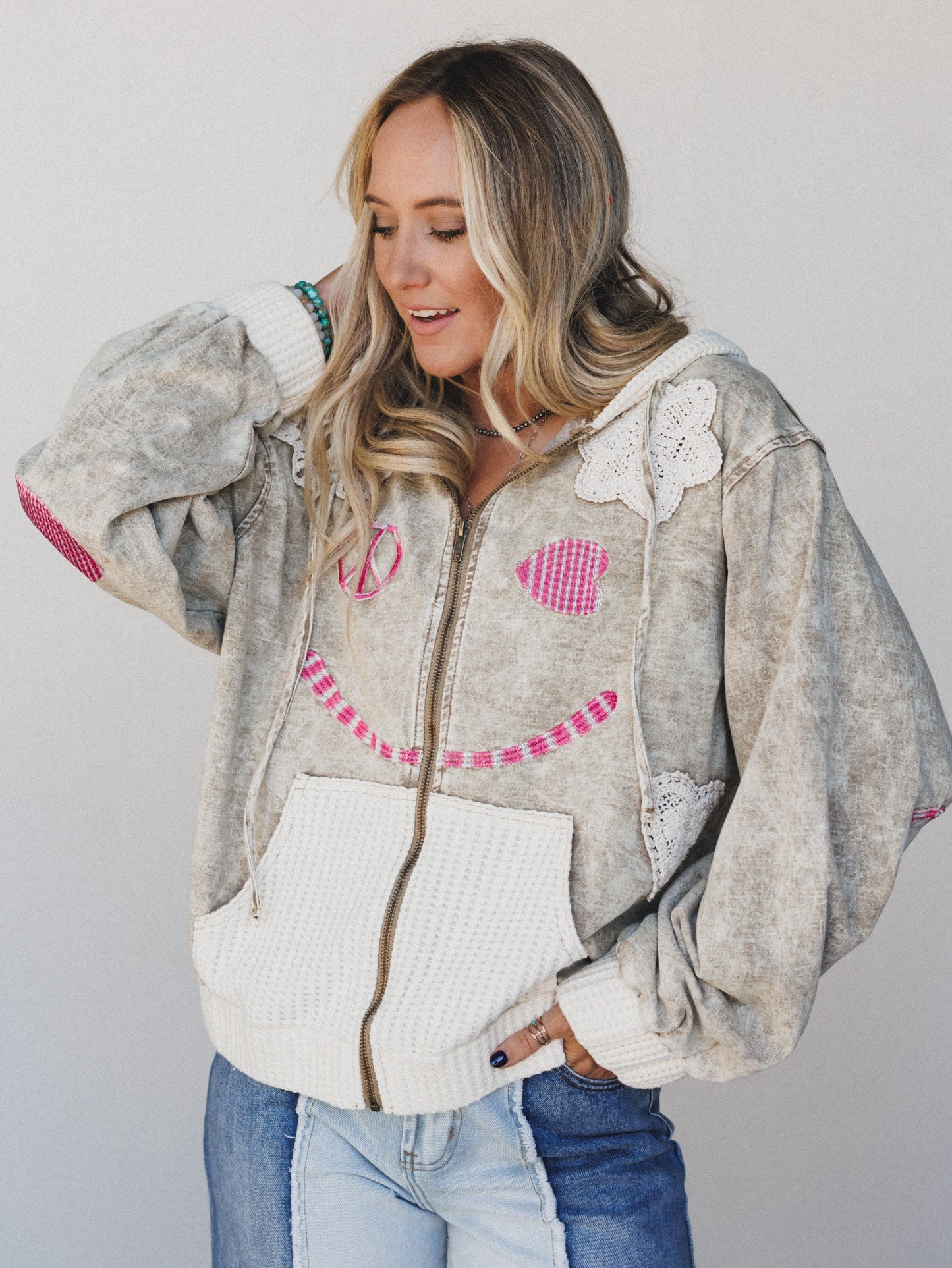 Emblems Of Love Zip Up Hoodie - Dusty Coco