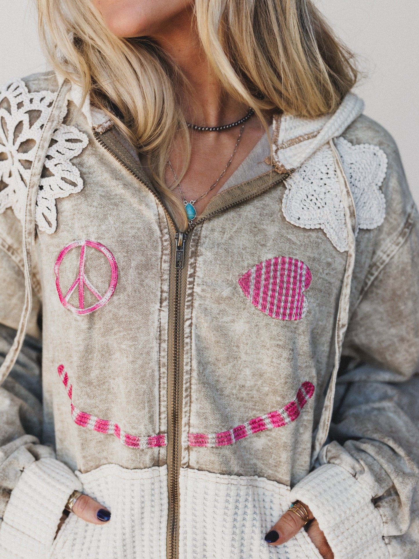 Emblems Of Love Zip Up Hoodie - Dusty Coco