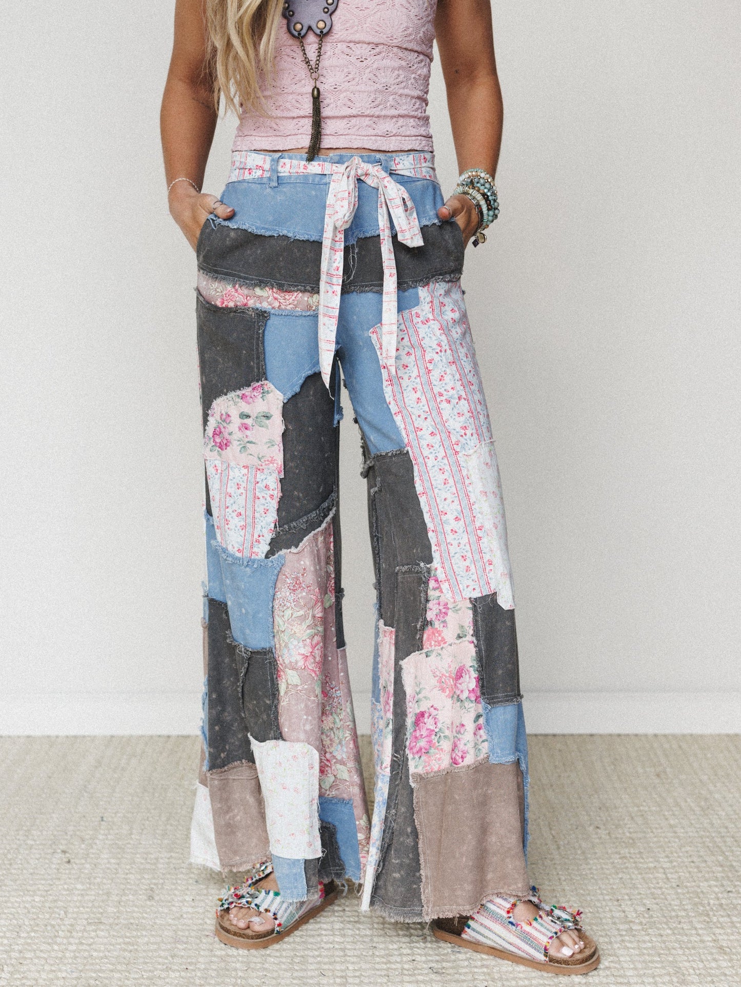 Peony Patchwork Pants - Blue