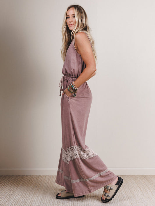 Country Sunshine Crochet Wide Leg Jumpsuit - Red Bean