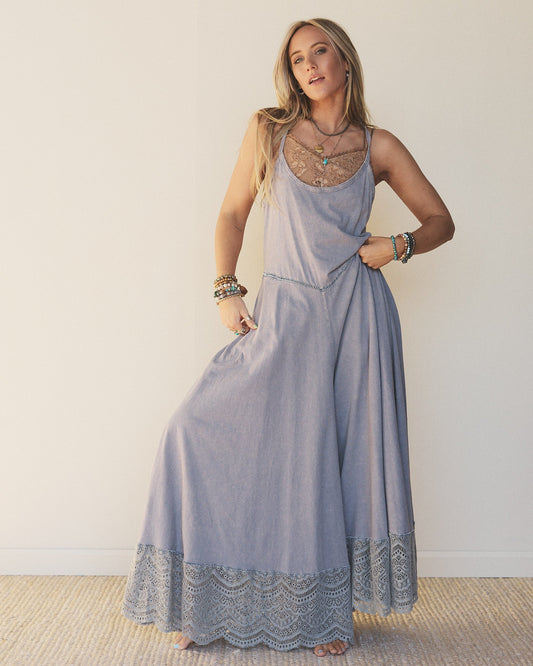 Free Bird Feeling Wide Leg Jumpsuit - Dolphin