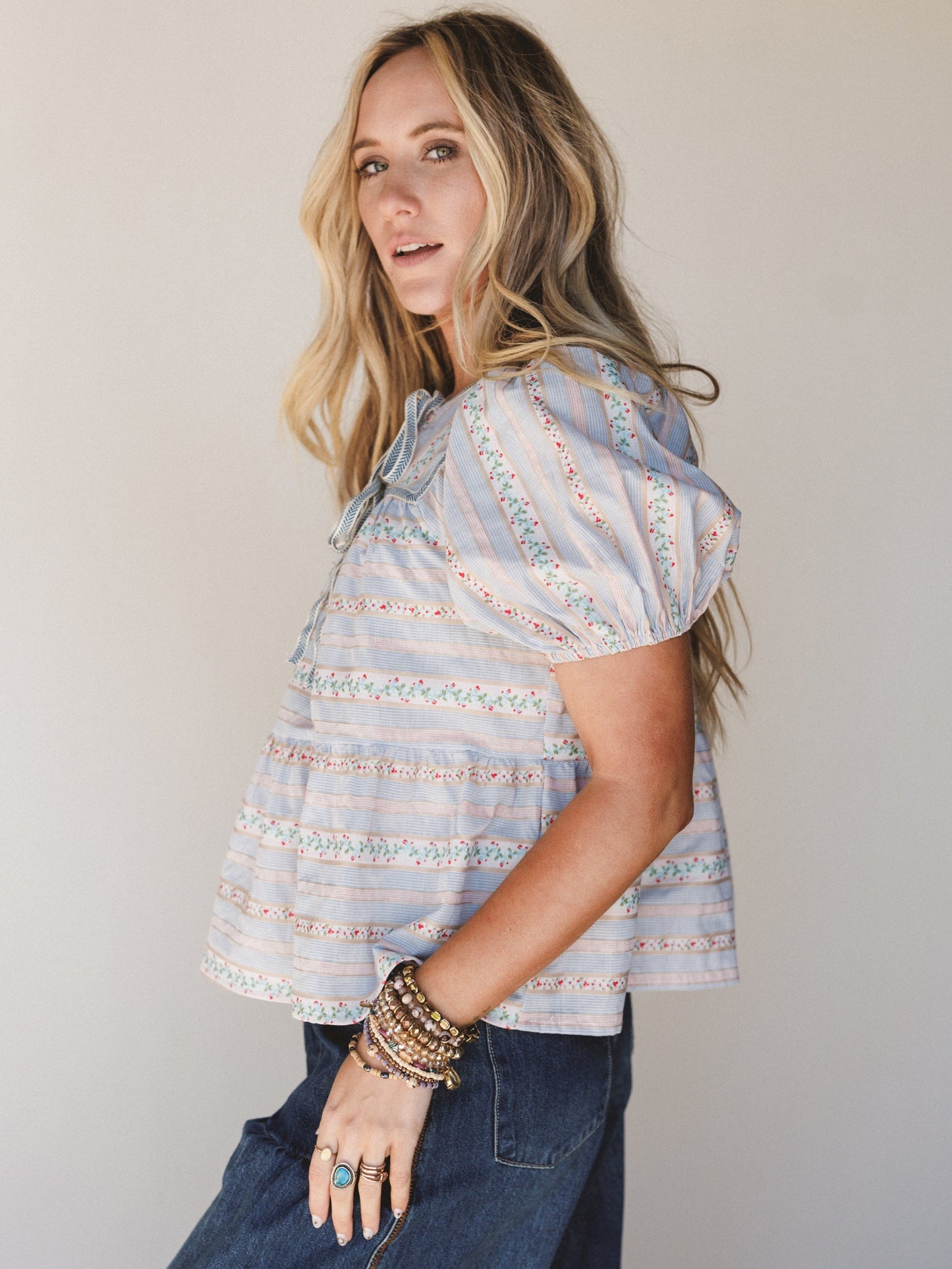 Vintage Lily Balloon Sleeve Blouse - Light Blue
