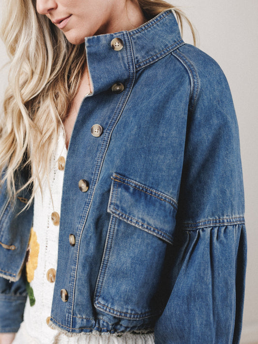 Balloon Sleeve Button Down Jacket - Denim
