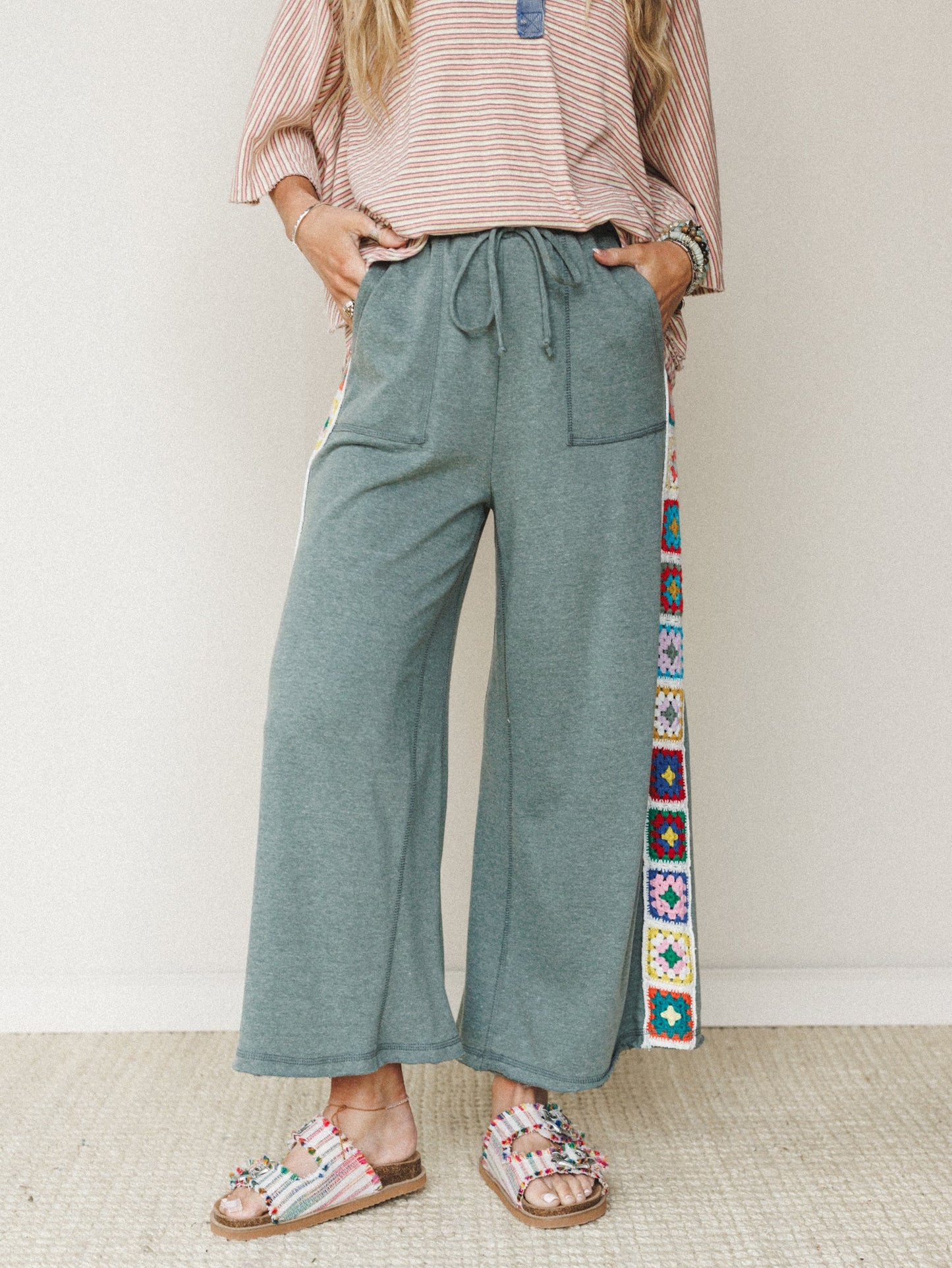 The Nest Love Seeker Crochet Panel Pants - Olive
