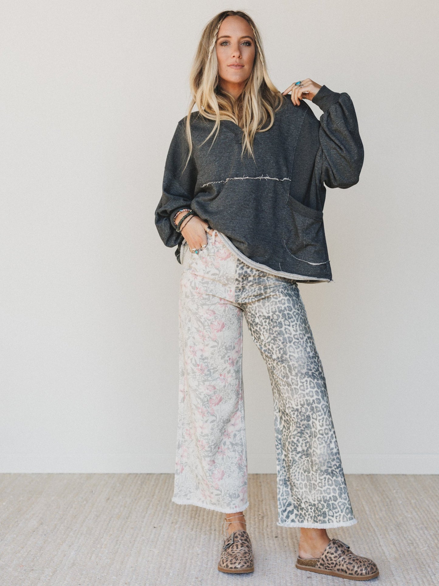 The Nest Ezra Mixed Print Wide Leg Jeans - Beige Multi
