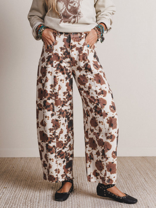 Belle Cow Print Barrel Jeans - Brown