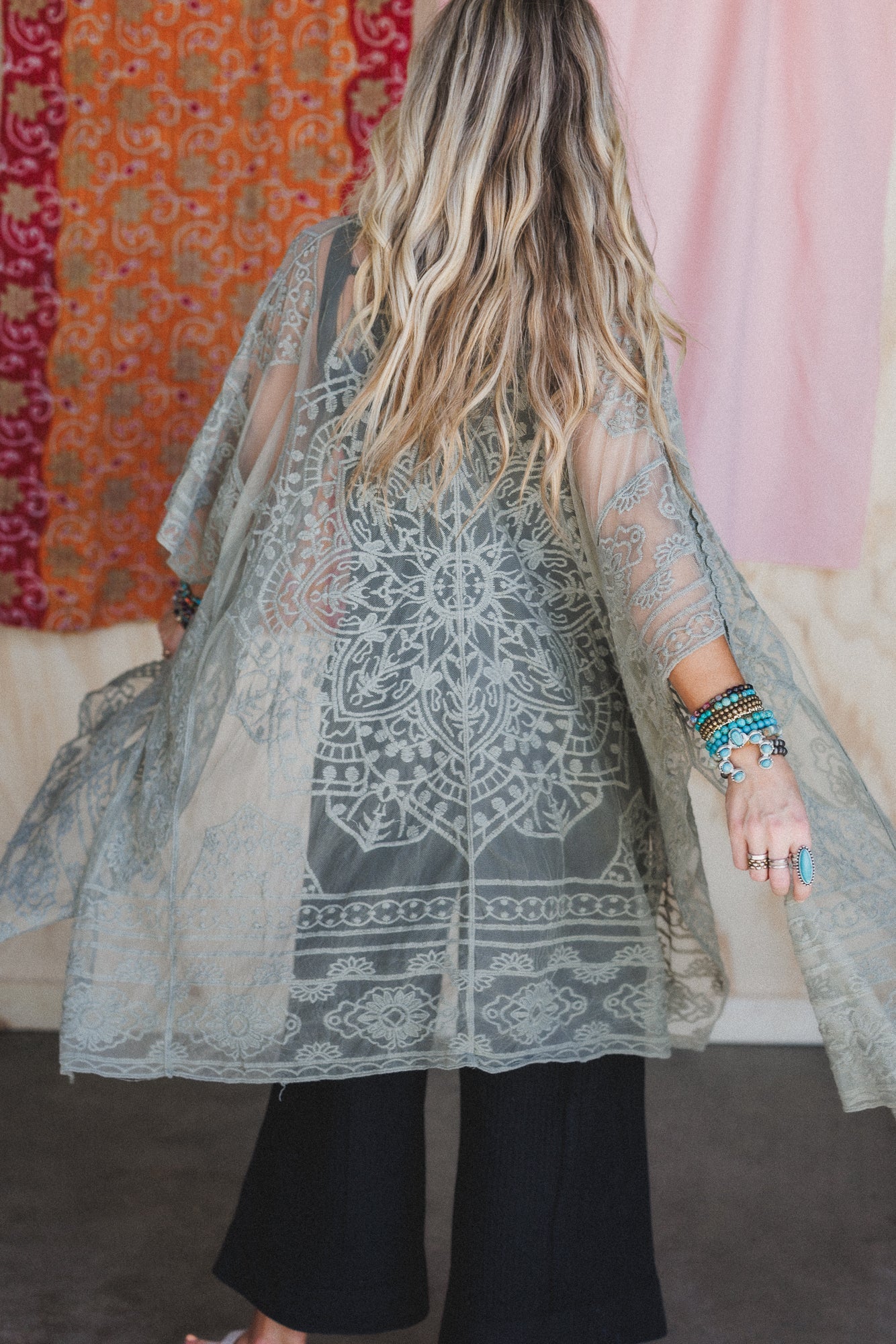 Go Wildflower Floral Embroidered Kimono - Sage