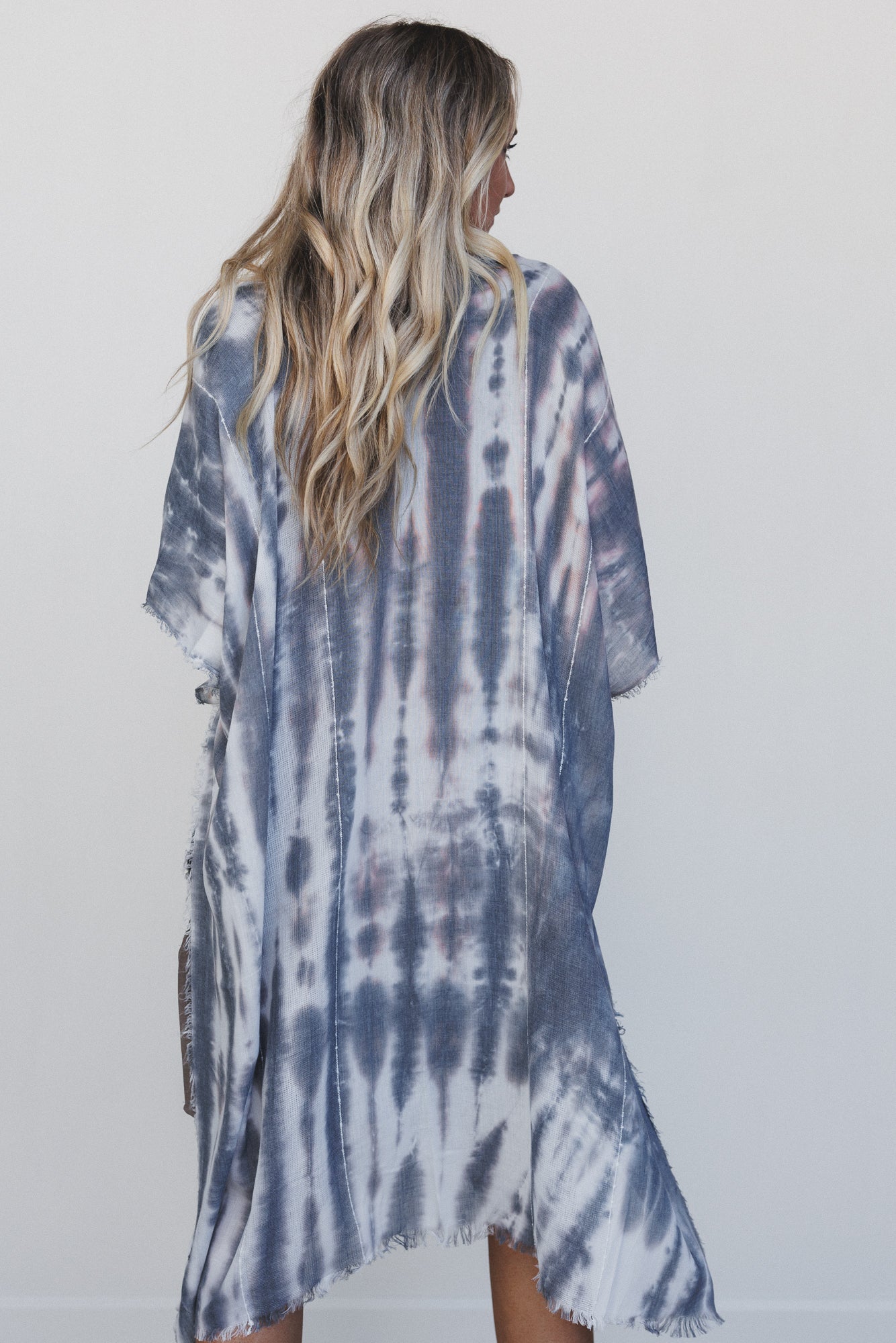 Demi Tie Dye Frayed Hem Kimono - Black