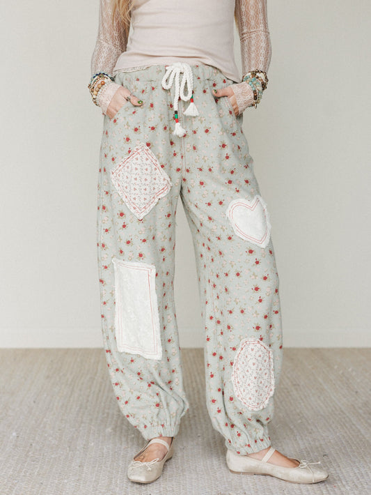 Nora Patchwork Floral Pants - Olive