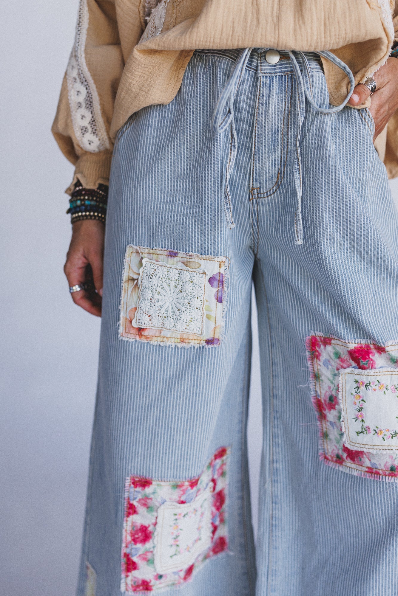 Coastal Lines Striped Patchwork Pants - Denim
