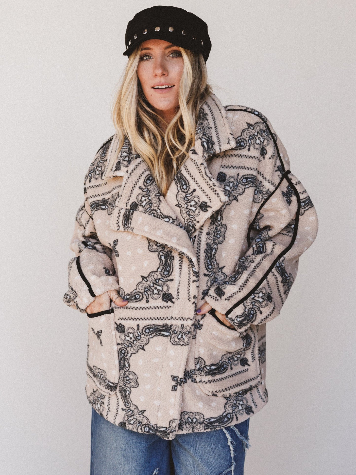 Charmed Affair Printed Fleece Jacket - Sand